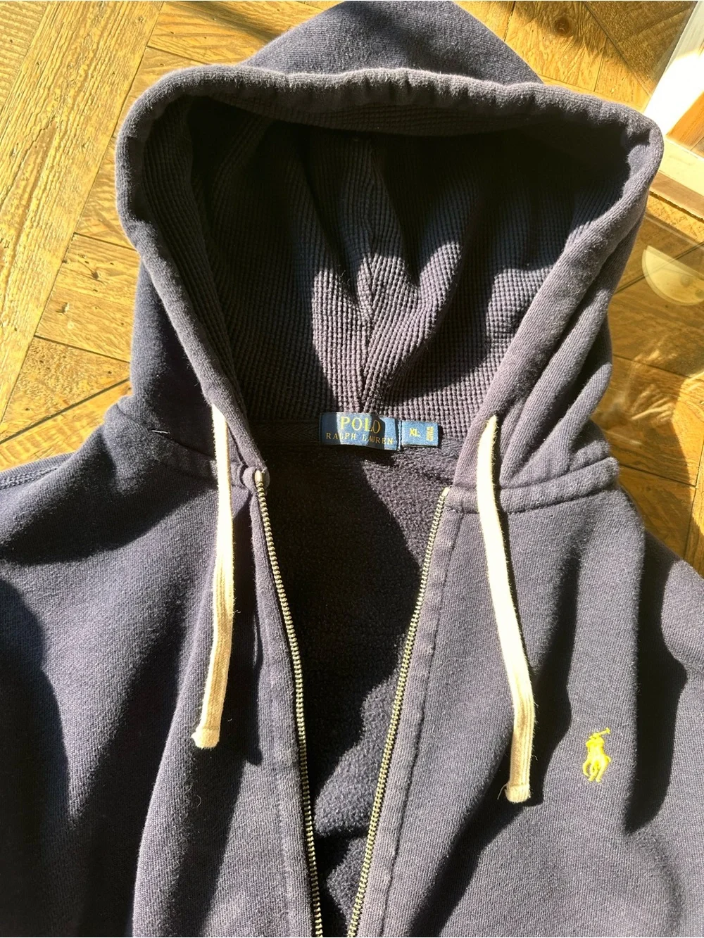 Vintage Y2K Polo Ralph Lauren Navy Full Zip Hoodie Waffle Knit Hood Men's XL